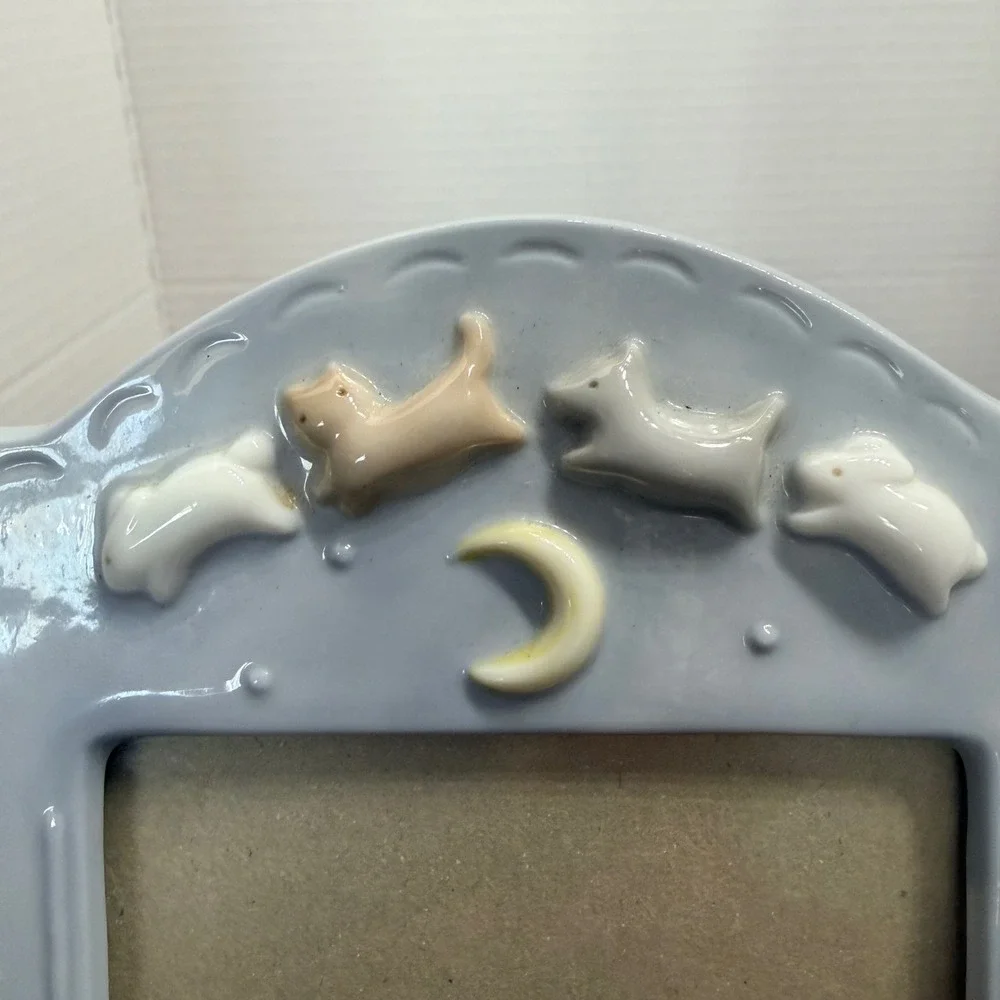 Charpente Ceramic  Baby Nursery Pic Frame Blue Animals Moon Cat Dog Rabbit 6.5in